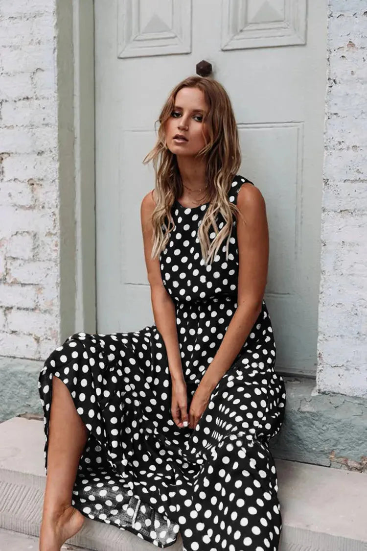 Women Y2K Long Skirt Printed Polka Dot Dress Round Neck Tank Skirt Elegant Female Dress Summer Sleeveless Outfits - Shop & Buy