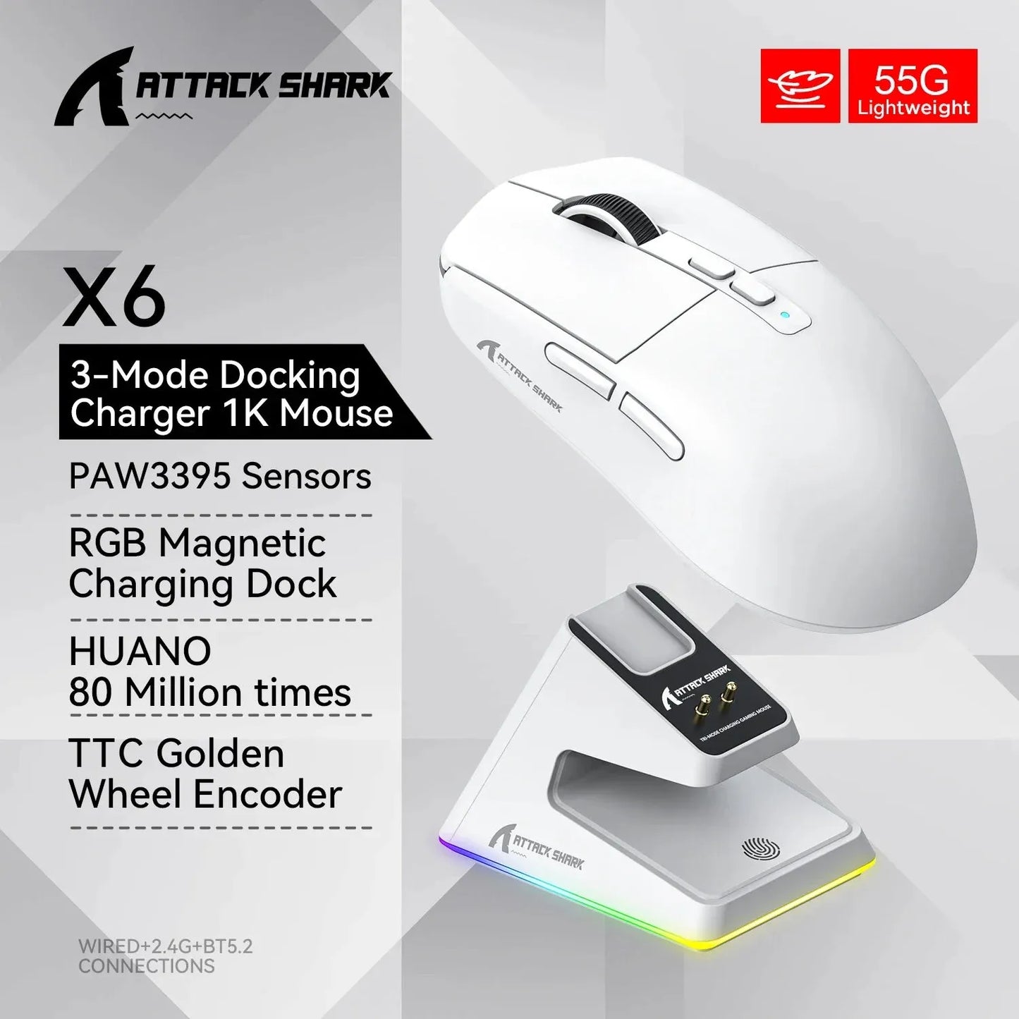 X6 PAW3395 Bluetooth Mouse , Tri-Mode Connection, RGB Touch Magnetic Charging Base, Macro Gaming Mouse - Shop & Buy