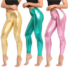 Load image into Gallery viewer, Shiny Metallic Fitness Leggings Glossy Candy Color Pants Women Slim Sports Trousers Faux Leather Pants
