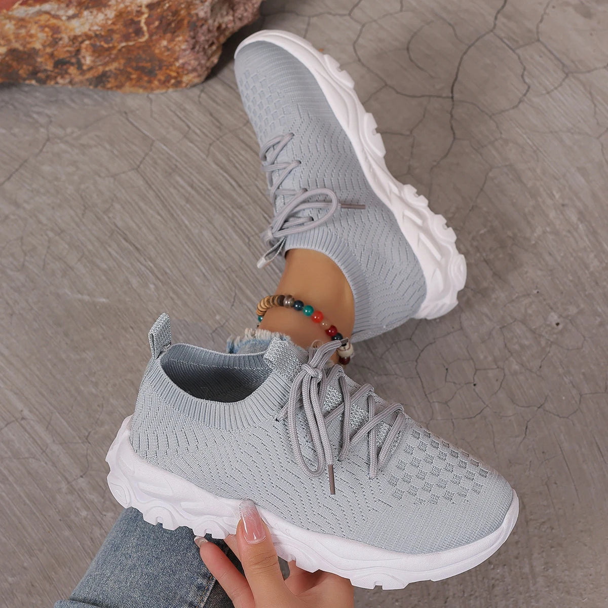 Knitted Chunky Sneakers Women Breathable Solid Color Lace Up Running Sports Shoes Woman Casual Comfy Walking Trainers Plus Size