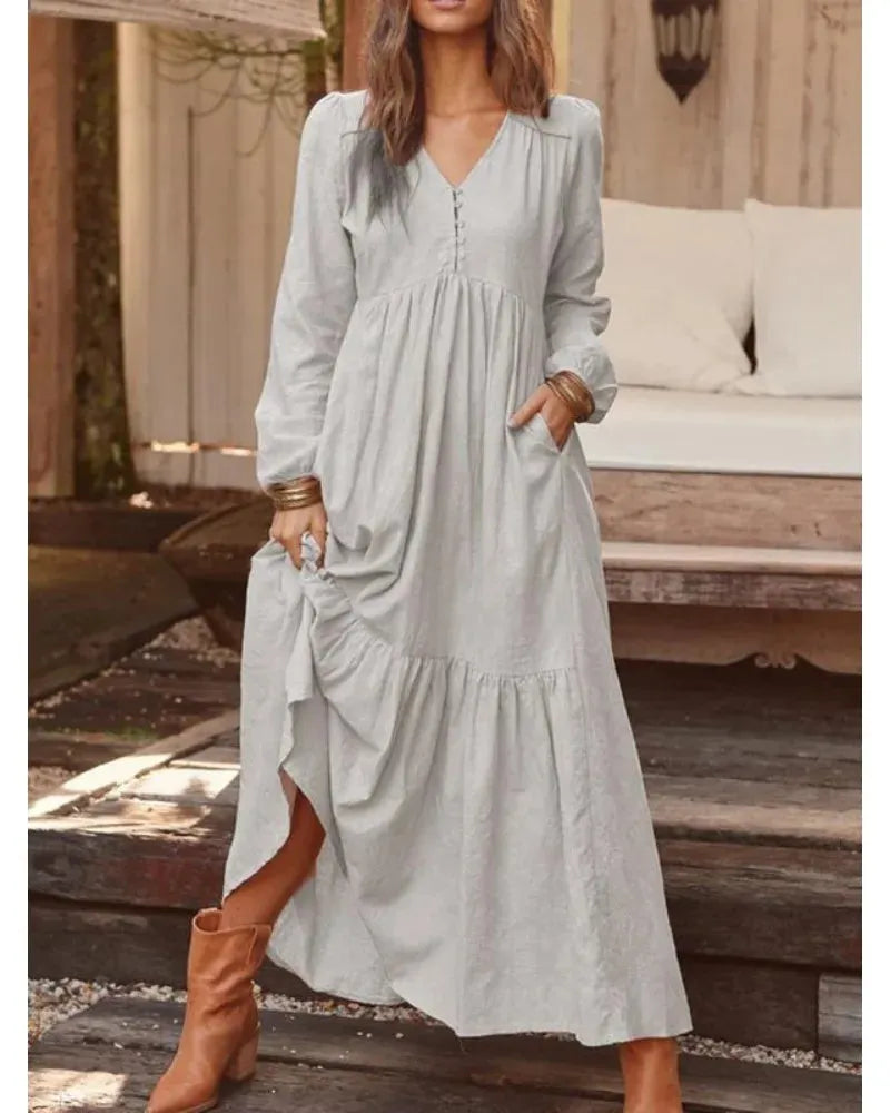 Women's Dresses Button Retro Casual Long Sleeved Long Skirts 2024 Autumn Winter New Solid Color Plus Size Female Clothing - Shop & Buy