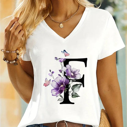 Women's Clothing A-Z 26 Alphabet Flower Premium Summer T-shirt - Shop & Buy