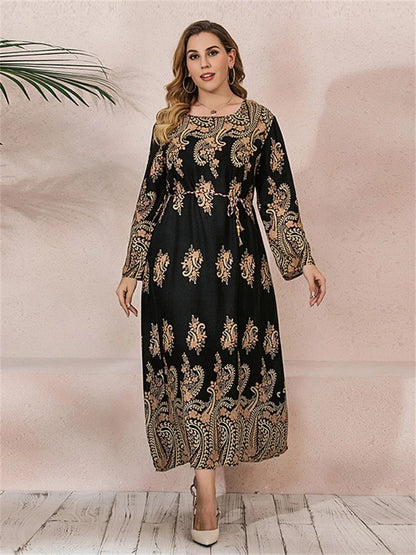 Plus Size Dresses for Women O Neck Elegant Lady Print Loose Casual Long Sleeve Fall Maxi Dress