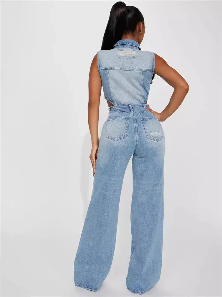 Sexy Revealing Waist Tight Waist Slim Fit Elastic Straight Tube Loose Wash Denim