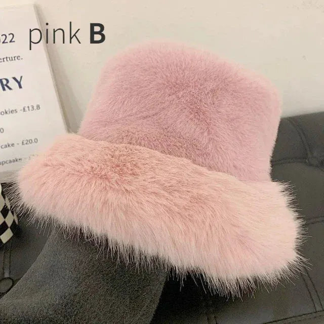 y2k Fluffy Faux Fur Bucket Hat Women Rabbit Fur Warm Thick Plush Winter Hat Lady Luxury Fashion - Shop & Buy