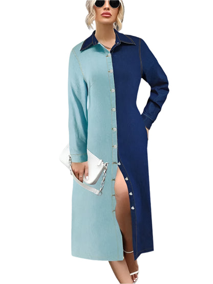 Plus Size Denim Dresses Women Long Sleeve Casual Button Pockets Pathwork Maxi Dress Fall Clothes