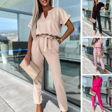 Load image into Gallery viewer, Women Jumpsuit Summer V Neck Short Sleeves Ladies Jumpsuit Tie Waist Slant Pocket Female Jumpsuit
