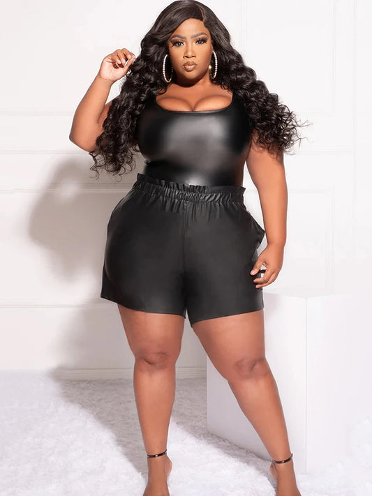 Plus Size Women Faux Matte Leather Shorts Elasticband High Waist Shorts Stretch PU Slim Shorts