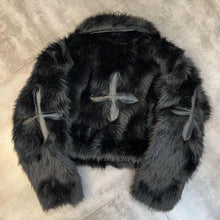 Load image into Gallery viewer, Winter Women Cotton Jacket Lapel Long Sleeve Patch Cross Short Fur Coat Black
