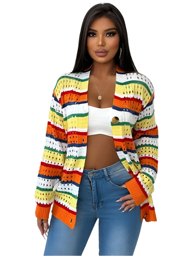 Autumn New Hollowed Out Contrasting Striped Long Sleeved Cardigan Loose Casual Knitted Jacket