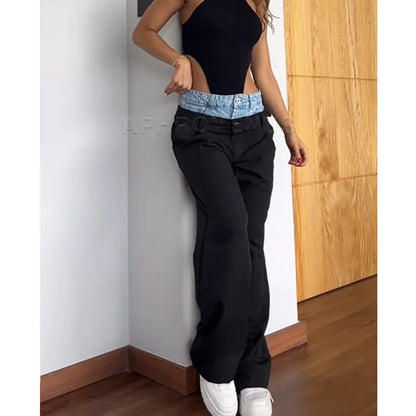 Fashion Women's Jeans Slim Waist Patchwork Colorblock High Waist Long Stretch Denim Pants