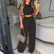 Load image into Gallery viewer, Summer Women Two Piece Sets Elegant Print Office Lady Outfits Elegant O Neck Short Sleeve Shirt Pullover + Wide Leg Pants Suits
