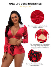 Load image into Gallery viewer, Christmas Suit Underwear Women Erotic Lenceria Long-sleeved Tie-up Holiday Costume Sexy Lingerie Plus Size Two Pieces Short Sets
