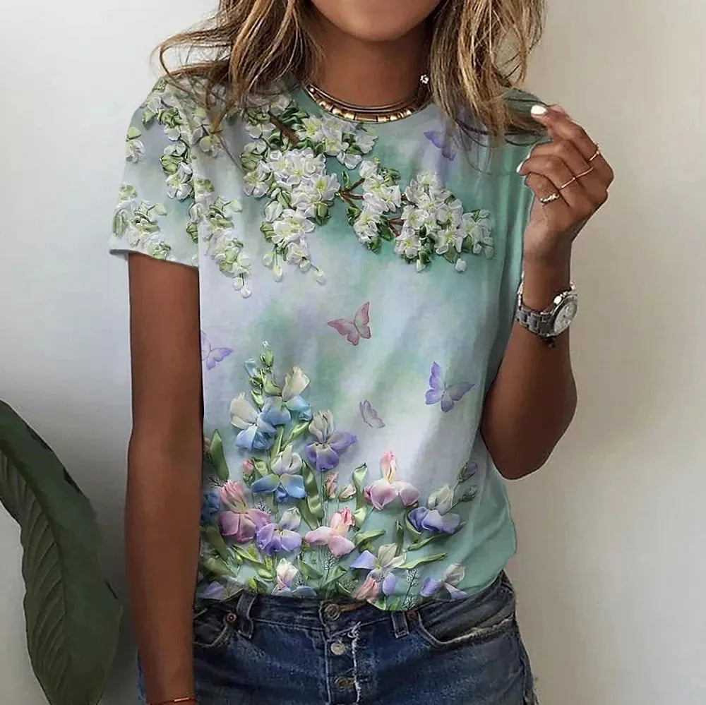 Women's T-shirts Fashion Floral Theme T Shirt Floral Plants Tees Summer Clothing - Shop & Buy