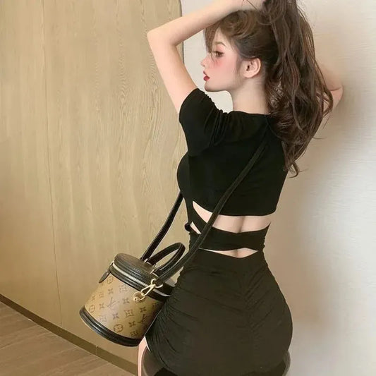 Women's Sexy Skinny Bag Hip Dress Korean Style Waist-Tight Backless Short Sleeve Gray Dresses - Shop & Buy