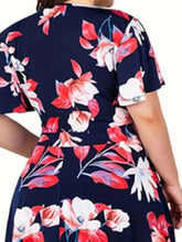 Load image into Gallery viewer, Plus Size Floral Print Cinched Waist Dress, Elegant Short Sleeve Dress For Spring &amp; Summer, Women&#39;s Plus Size Clothing
