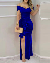 Load image into Gallery viewer, Women Long Dress Fashion Velvet Off Shoulder Ruffle Hem Split Maxi Dress
