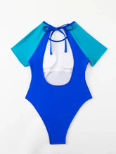 Load image into Gallery viewer, Blue Patchwork Swimwear Women Short Sleeve Slim Hollow Out Backless One Piece Swimsuit
