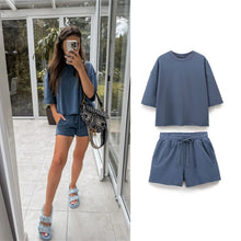 Load image into Gallery viewer, Summer casual temperament versatile round neck hoodie +casual versatile shorts set
