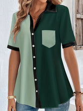 Load image into Gallery viewer, Plus Size Casual Blouse, Women&#39;s Plus Colorblock Button Up Short Sleeve Turn Down Collar Blouse
