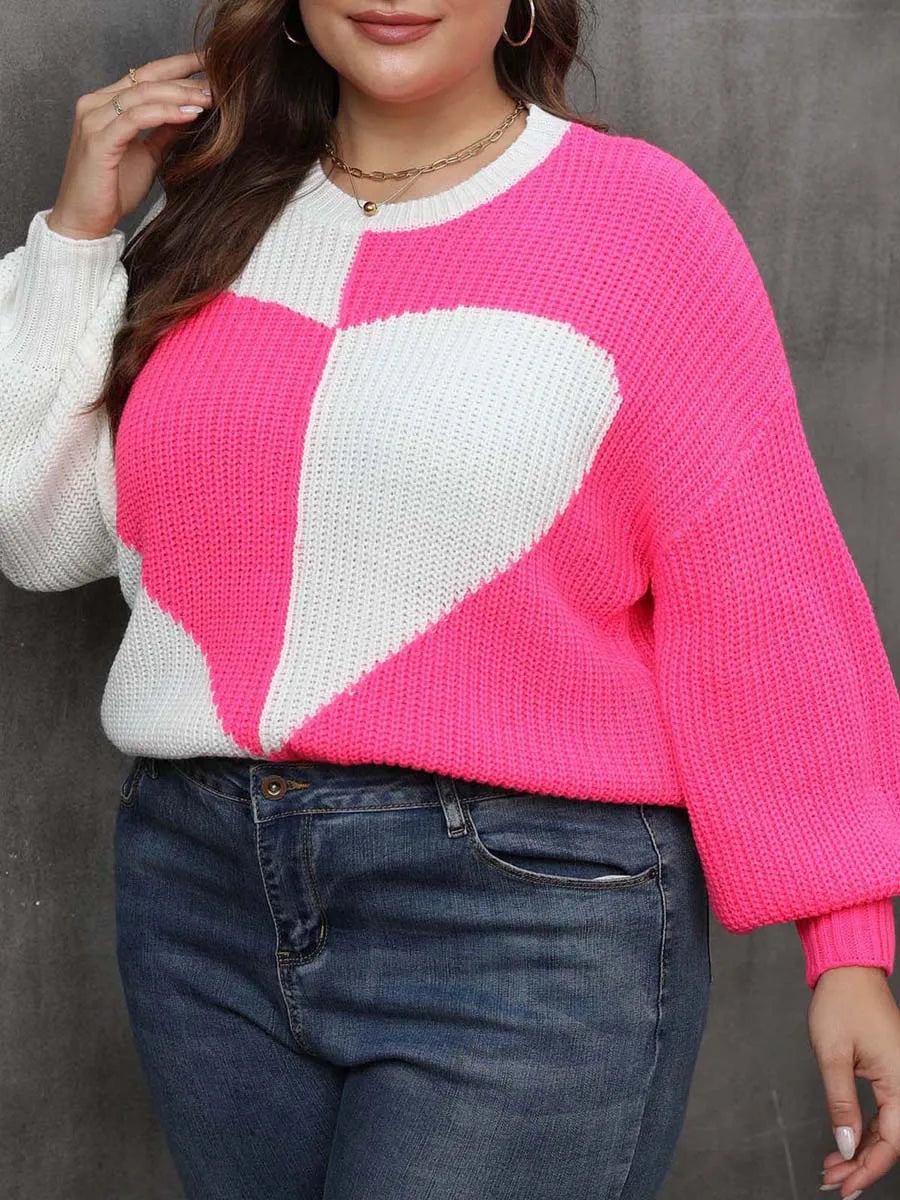 Plus Size Women s Casual Heart Print Sweater with Contrast Color Cozy Long Sleeve Pullover Knitwear for Fall Street Style