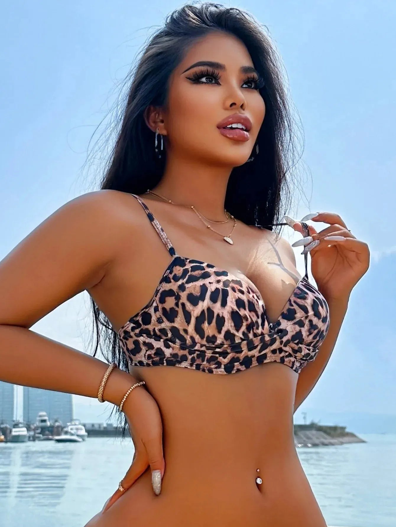 Women's Leopard Bikini Swimsuit Trending Top Bra Hard Cup Swimwear V-neck Suspender - Shop & Buy