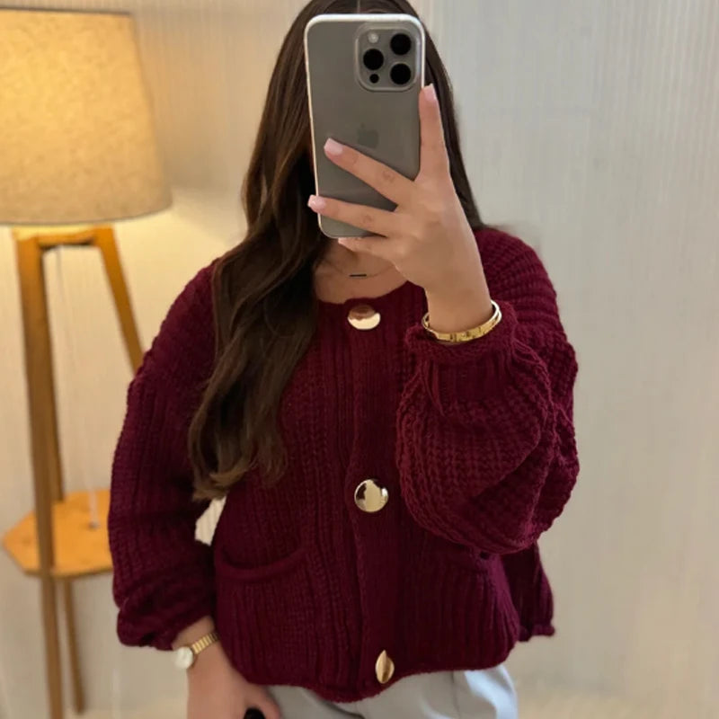 Woman Burgundy Crochet Cardigan For Women Autumn Cropped Knit Outerwears Loose O-Neck Long Sleeve Top Women Knitwears