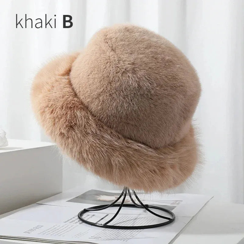 y2k Fluffy Faux Fur Bucket Hat Women Rabbit Fur Warm Thick Plush Winter Hat Lady Luxury Fashion - Shop & Buy