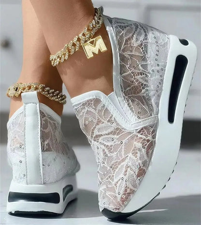 Women's Sneakers Floral Embroidery Mesh Sneakers for Women Slip on Casual Comfy Heeled Shoes - Shop & Buy