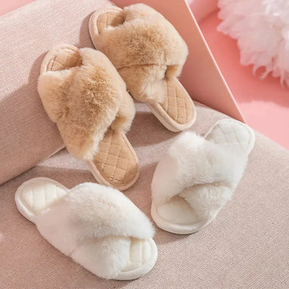 Women's Cross Band White Fur Slippers Winter Warm Plush Soft House Slippers for Women - Shop & Buy