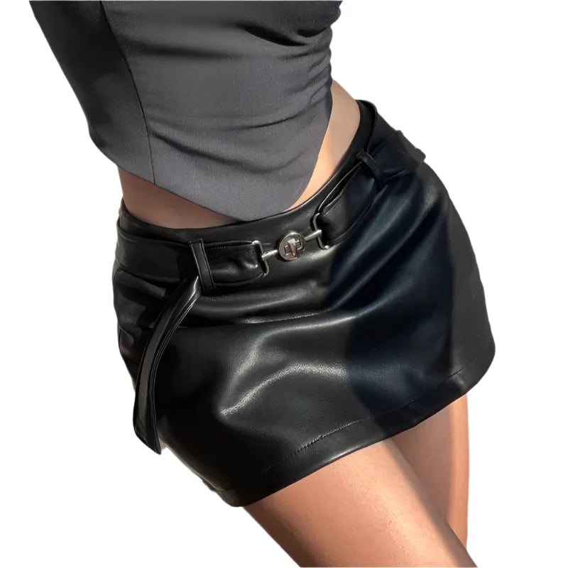 WhereMery Y2K Chic Leather Short Skirt Women Belt Metal Ring Button Mini Skirt Gothic Vintage Lady Fashion Clubweear Clothes - Shop & Buy