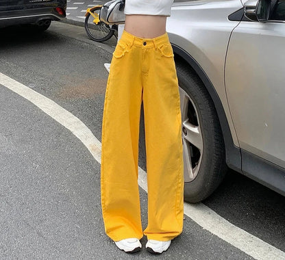 American Street Fashion Y2K Lemon Yellow Casual Jeans Women Summer New Straight Loose Wide Leg Floor Length Denim Pants