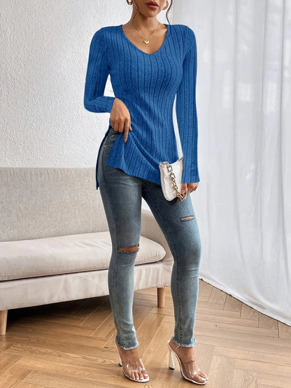 Women's Fashion V-neck Side Split Pit Strip Long sleeved Top - Shop & Buy