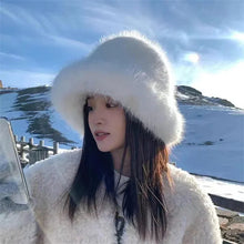 Load image into Gallery viewer, New Women Warm Thick Bucket Hats Fluffy Fur Panama Cap Plush Windproof Ear Protection Caps
