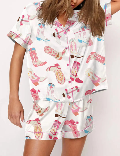 Y2k Bow Boots Print Satin Pajamas Short Set For Valentine's Day Satin Silk Pjs Sleepwear - Shop & Buy