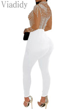 Load image into Gallery viewer, Pearls Rhinestone Romper for Women Jumpsuits Mesh See Through Skinny One Piece Overalls
