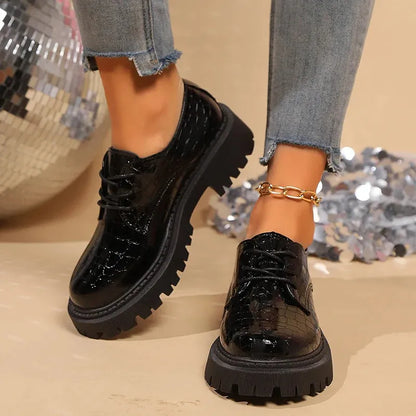 Women's Solid Color Chunky Platform Oxfords Fashion Lace Up Patent Leather Shoes Woman Round Toe Preppy Dressy Shoes - Shop & Buy