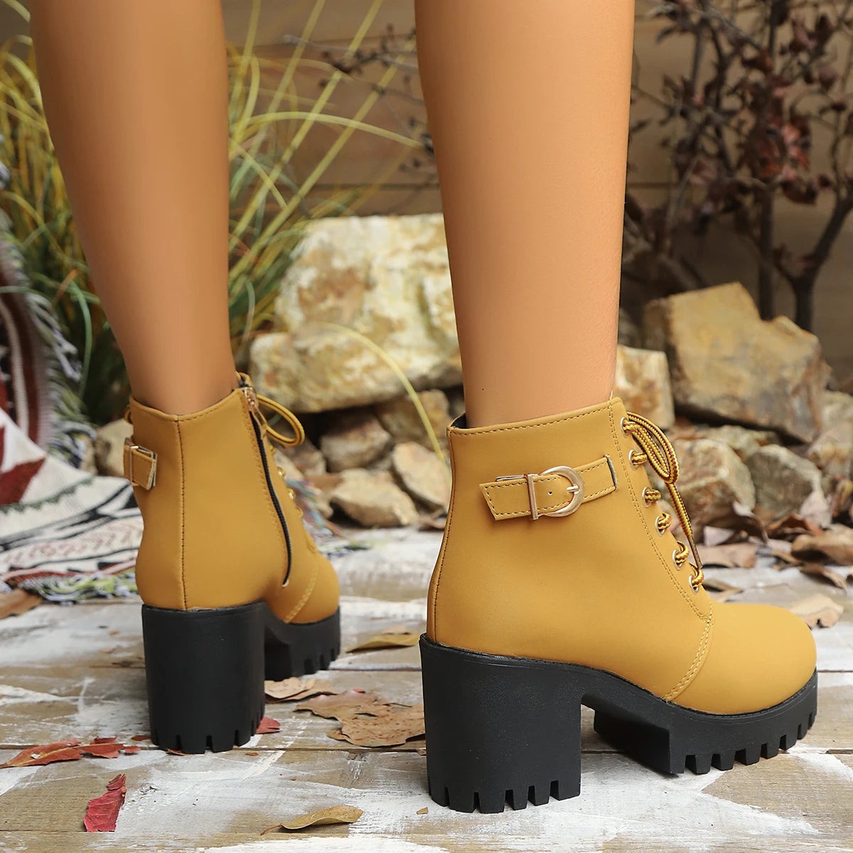 Women's Chunky Heeled Ankle Boots Fashion Metal Buckle Zip Lace Up Platform Booties - Shop & Buy