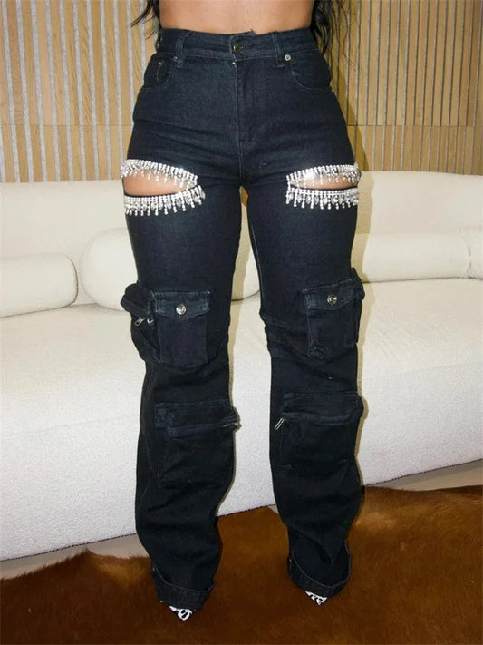 Autumn Style Personalized Women Pants with Tassel Diamond Pieces Mid Waist Straight Leg Jeans