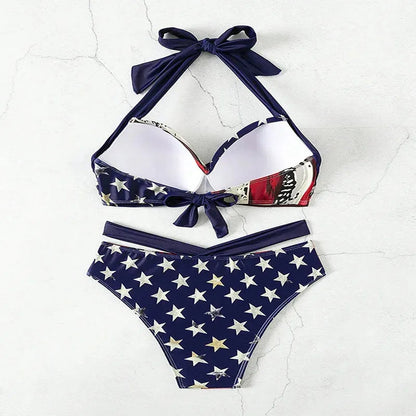 Women's Two Piece Swimsuit American Flag Print High Waist V-neck Push Up Bikini Set Halter Backless Beach Vacation Swimwear - Shop & Buy