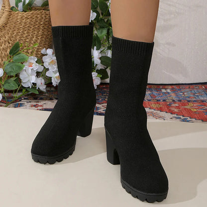 Women's Mid-Calf Knit Sock Boots Autumn Thick Heeled Slip On Slim Boots - Shop & Buy