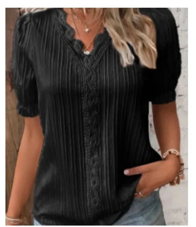 Women's Summer New Top Solid Sexy V-Neck Hollow Short Sleeve Shirt Fashion Splice Plus Size Blouse - Shop & Buy