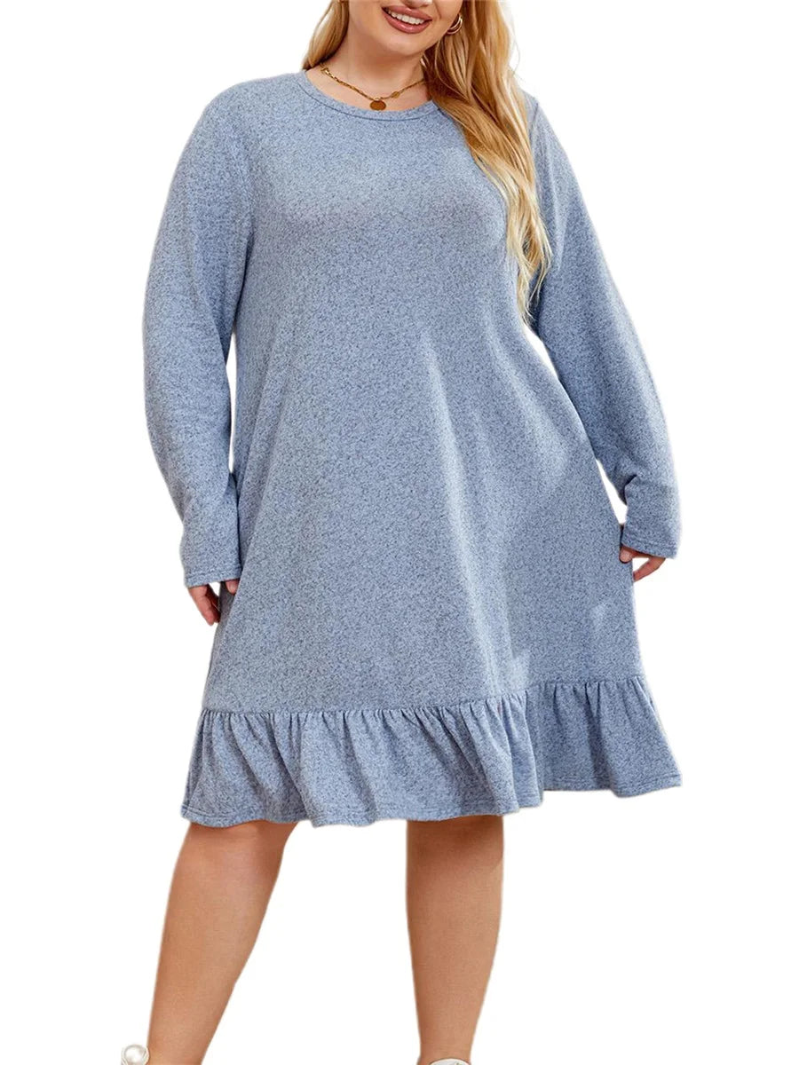 Women Plus Size Nightgown Loose Fit Solid Color Round Neck Long Sleeve Tiered Ruffle Lounge Dress Autumn Sleepwear Loungewear