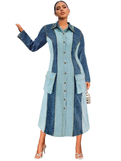 Plus Size Denim Dresses Women Long Sleeve Casual Button Pockets Striped Maxi Dress Fall Clothes