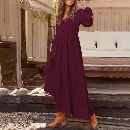 Women's Dresses Button Retro Casual Long Sleeved Long Skirts 2024 Autumn Winter New Solid Color Plus Size Female Clothing - Shop & Buy