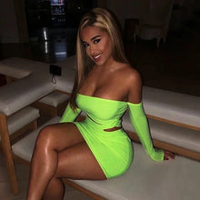 Load image into Gallery viewer, Neon Green Off Shoulder Tight Robe for Women Sexy Nightclub Full Sleeve Hollow Out Party Skinny Mini Dresses
