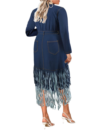 Plus Size Denim Dresses Women Long Sleeve Button Pockets Pathwork Tassel Maxi Dress Fall Clothes