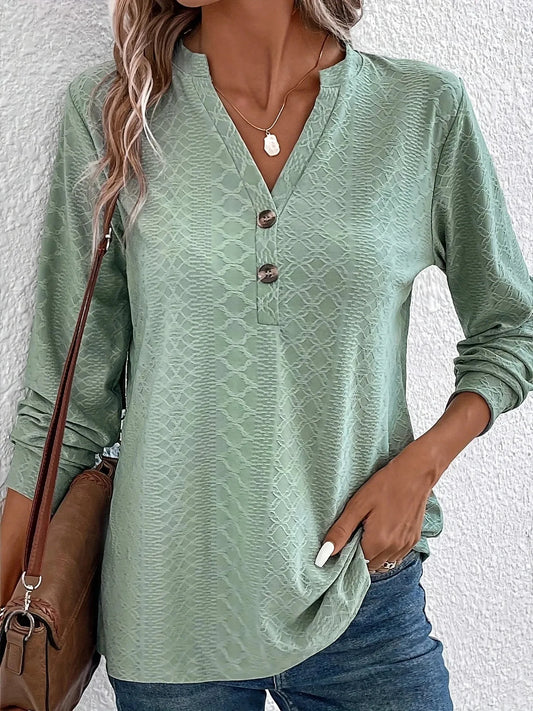 Women's Fashion Texture Solid Color Button V-neck Long sleeved Top - Shop & Buy