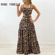 Load image into Gallery viewer, Women Elegant Lace Up Sexy Leopard Pattern Spaghetti Straps Midriff Ruffles Maxi Sexy Dresses
