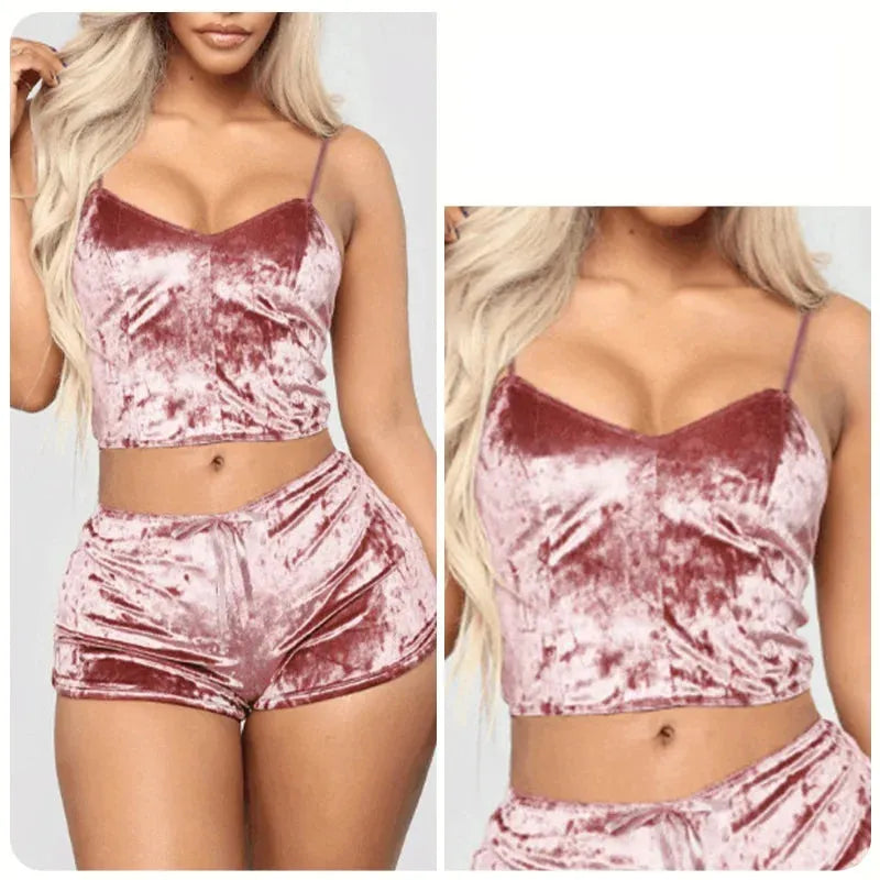 Women's Velvet Polyester Comfortable V-neck Underwear Setcamisole+shorts Pajamas Set - Shop & Buy